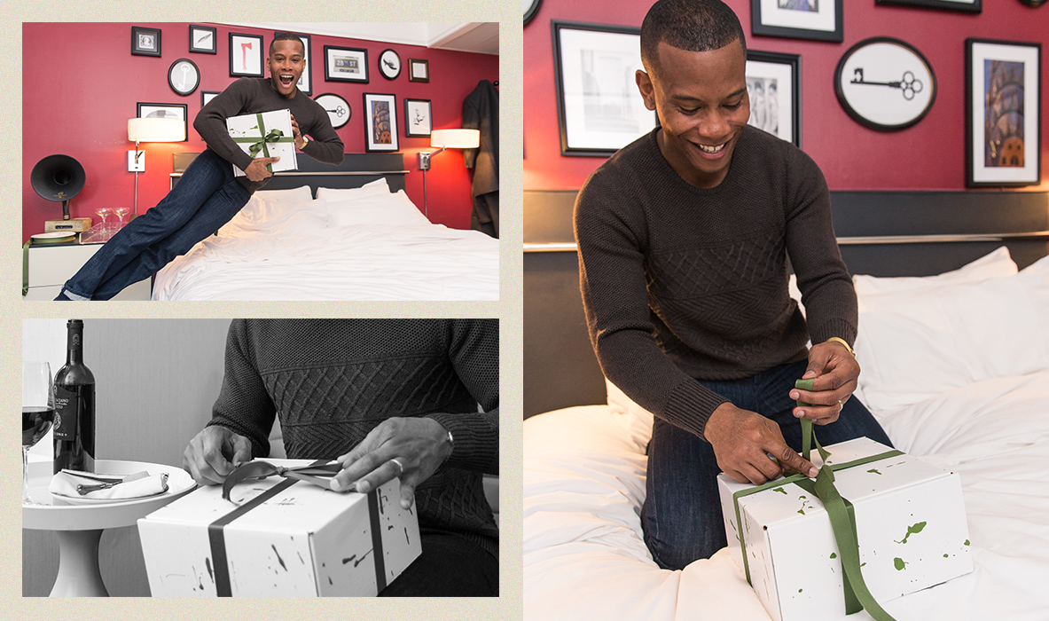 holiday entertaining with ons man opening present 