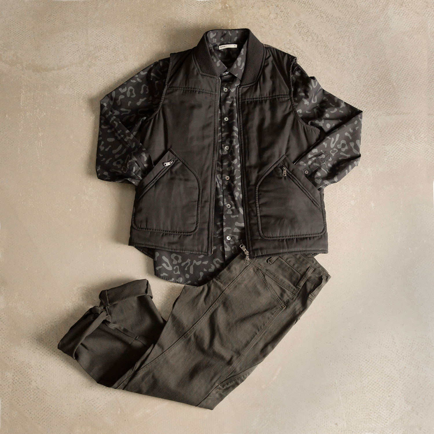 printed shirt with pants and vest laydown from ons clothing