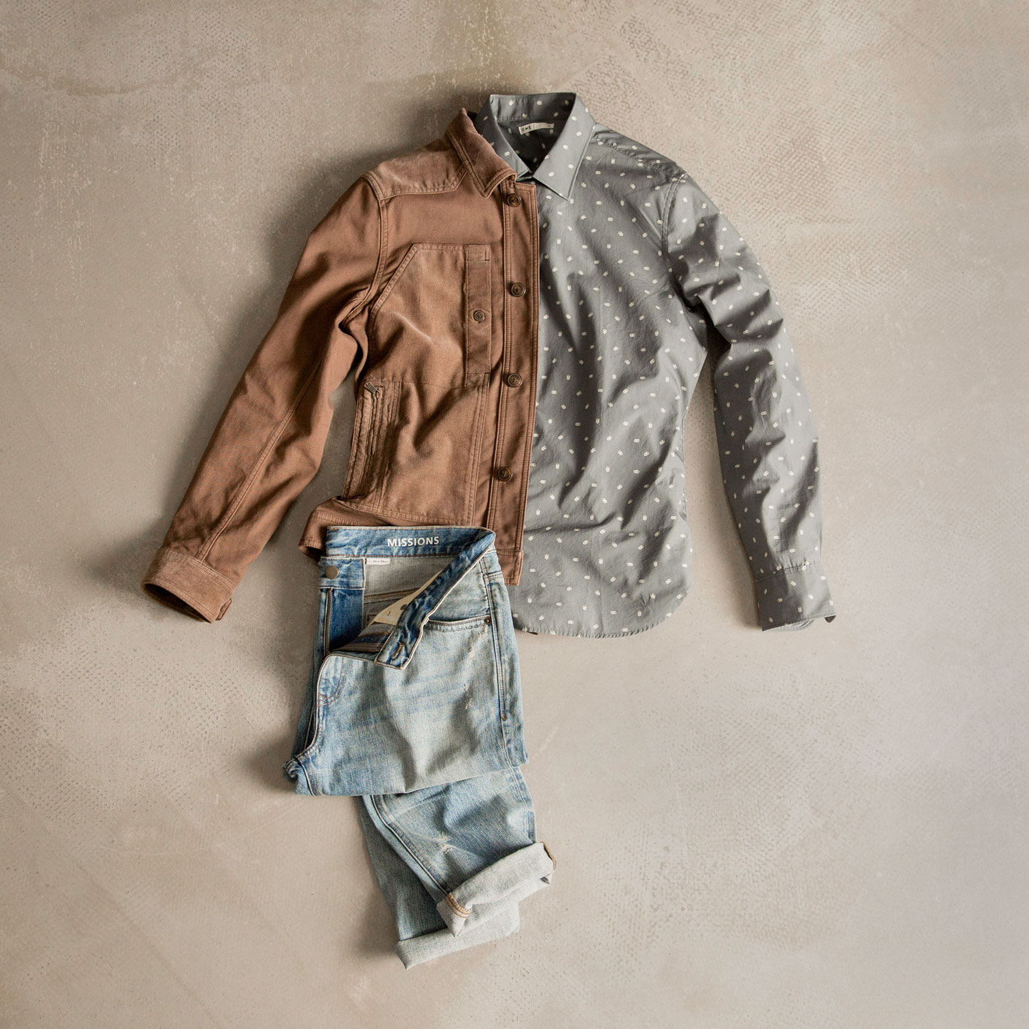 printed shirt jacket and jeans laydown