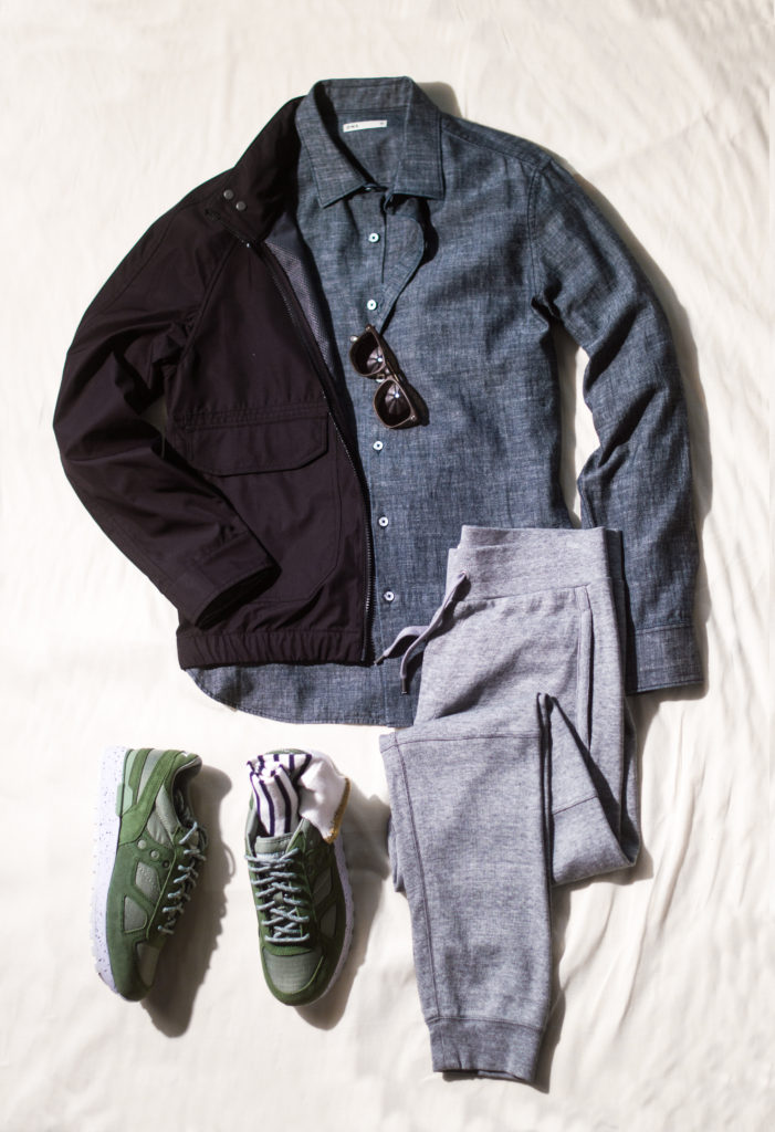 how to dress by ons clothing laydown with sweatpants, button down and jacket