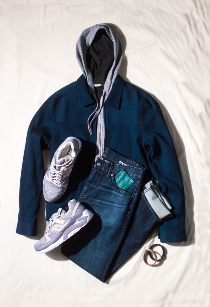 how to dress by ons clothing laydown with jeans, sweatshirt and jacket