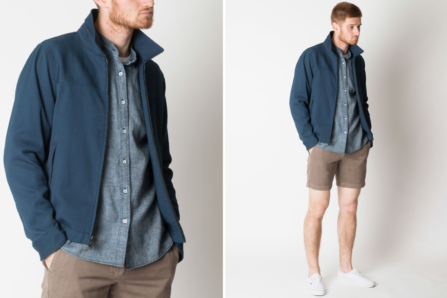 navy jacket chambray button down shirt and shorts by ONS Clothing