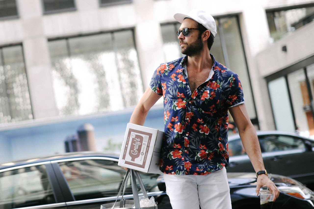 george elder street style man in floral button down shirt