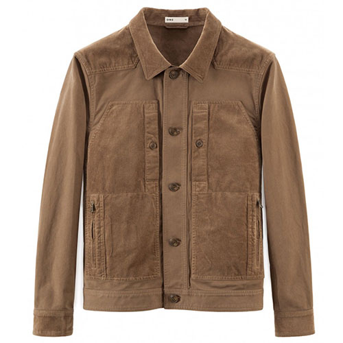 Brown fabric button front jacket for men, Mixed Media Jacket from ONS Clothing