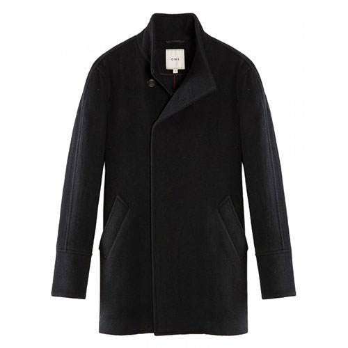 Black Wool Mens Funnel Coat, Double Faced High Collar by ONS Clothing