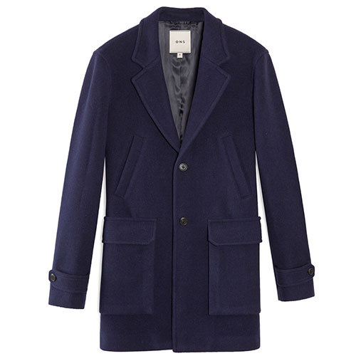 Navy Blue wool lapel coat, Notch Lapel Long Coat by ONS Clothing