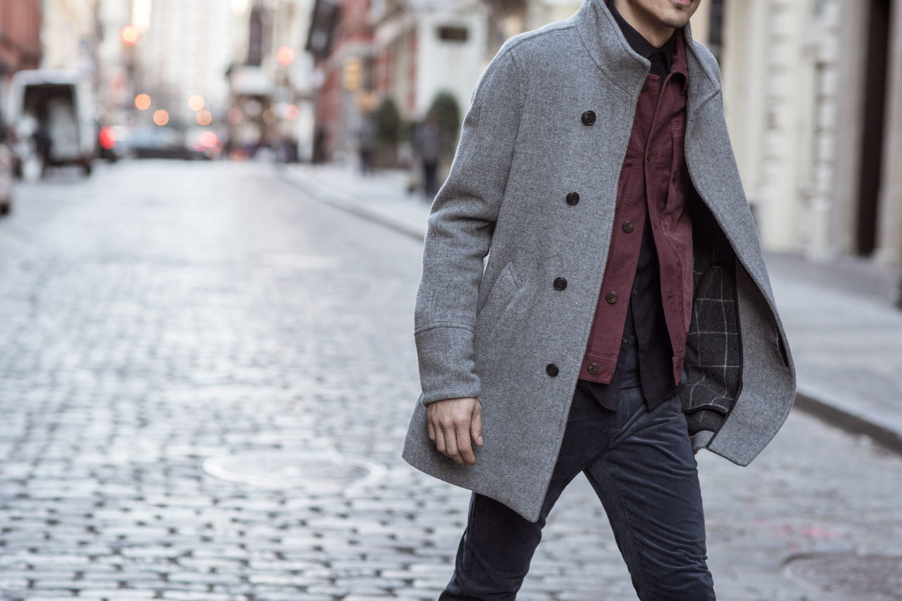New York Street Style man in grey coat walking