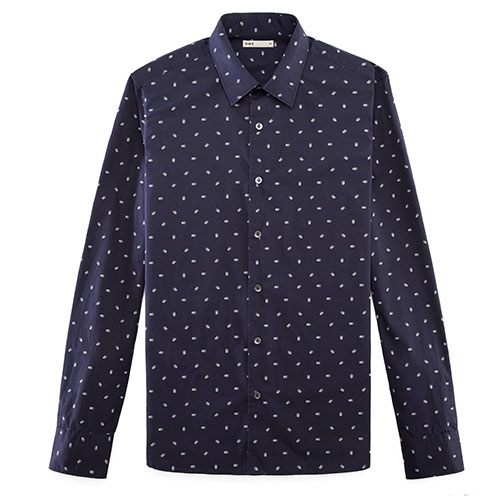 geometric printed navy and white printed button down shirt