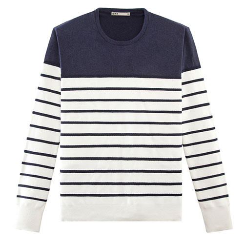 Navy and white crew neck striped sweater, Engineered Striped Sweater by ONS Clothing