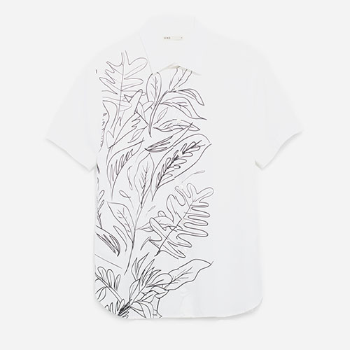 P-Muna wears the O.N.S clothing Leaf Print Short Sleeve Shirt