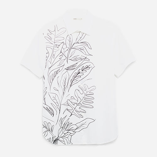 leave print white short sleeve shirt